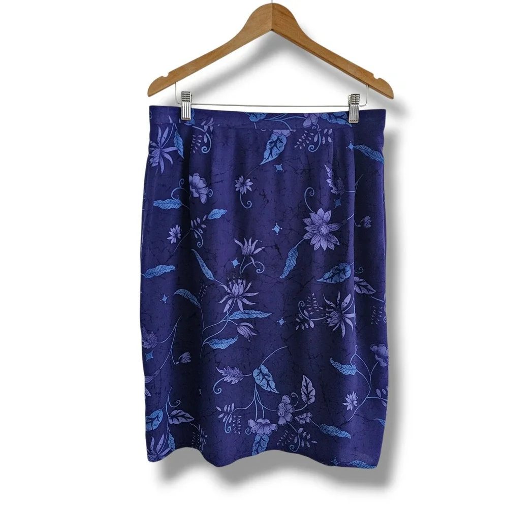 Vintage 100% Silk Midi Skirt 16 Purple Blue Dark Floral Pencil Whimsigoth 90s 00